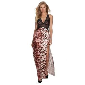 Fredericks of Hollywood Gown Womens Medium Leopard Rosalina Rose Lace Satin NWT
